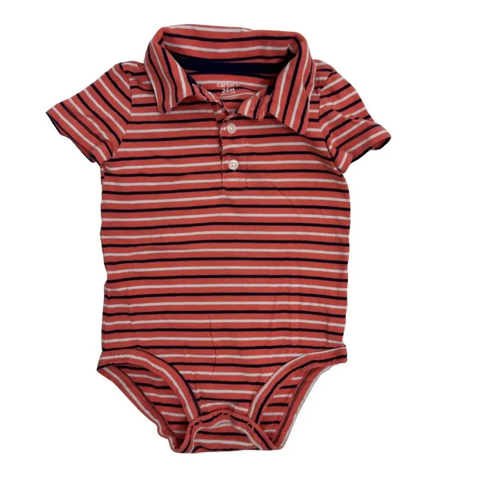 Carter's Red Striped Collared Polo Onesie Bodysuit Size 24 Months Cotton